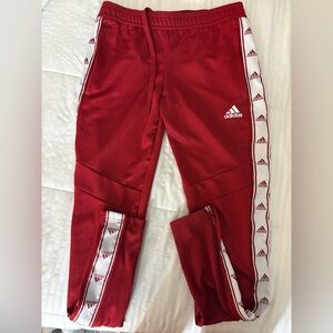 Adidas Red Joggers with White Logo and Stripes